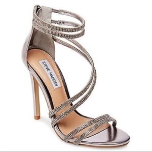 💋 Steve Madden Crystal-Strap High Stiletto Heels Sexy Sandals “Sweetest” Pewter